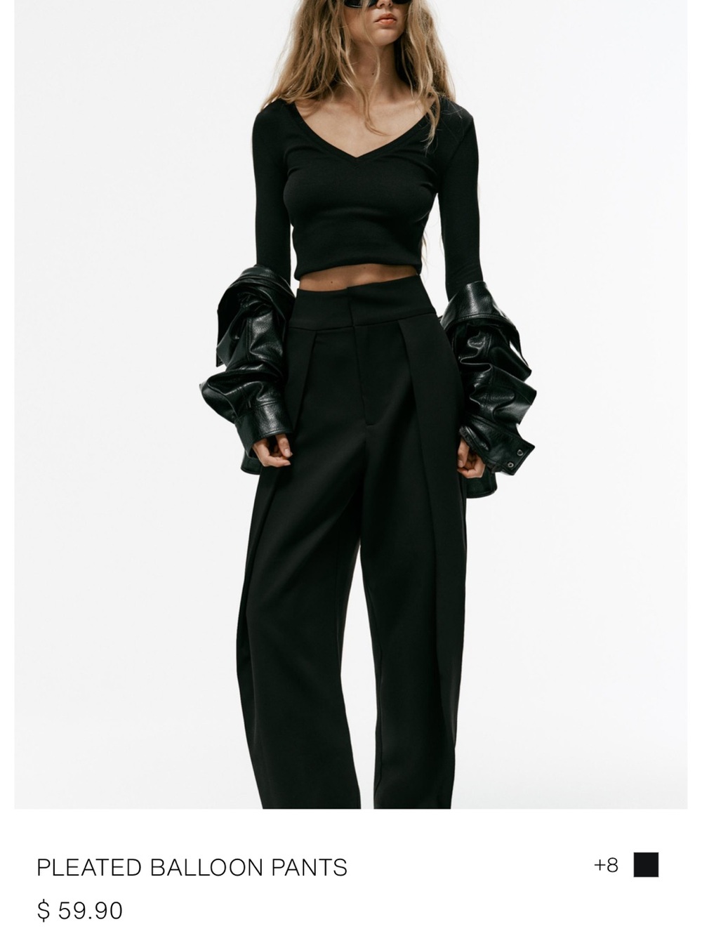 Zara Pleated Balloon Wide-Leg Pants - Black
